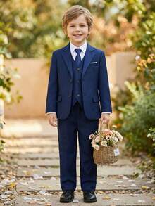 3pcs Boys Navy Blue Formal Suit Set, Toddler Tuxedo Outfit, Wedding Pageboy Blazer, Vest, Pants, Size 3-8 Years - Navy Blue - View 4