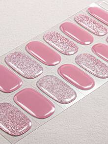 16片装UV免烫凝胶美甲贴纸，优雅柔粉色闪粉水晶美甲贴花，温柔甜美，保护天然指甲，易于粘贴和卸除，适合女性和女孩日常、约会、派对、周末外出、DIY美甲用品 - 粉色 - 查看 3