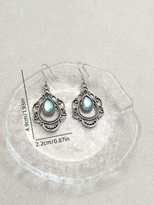 1 Pair Vintage Bohemian Style Green Teardrop Hollow Carved Faux Gem Pendant Earrings, Suitable For Daily, Party, Travel Wear As Jewelry Gift - Antique Silver - View 2
