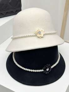 Shiny Polyester Pearl Flower Wool Bucket Hat, Elegant French Retro Small Basin Hat, Suitable For Autumn/Winter, Graceful Elegant Lady Gift - Multicolor - View 7