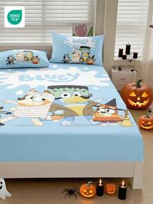 Bluey 万圣节数码印花床单，床上用品，床垫保护套，床罩，床笠，舒适家纺，透气防起球床垫保护套，柔软亲肤，万圣节角色扮演，卡通图案床罩 - 彩色 - 查看 9