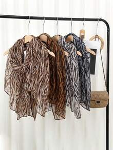 1条新款夏季巴厘岛薄纱斑马纹围巾，女士穆斯林头巾，轻薄优雅长款头巾，日常旅行拍照，防晒披肩，家庭度假礼物 - 彩色 - 查看 11