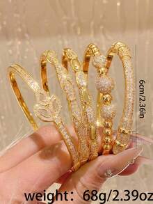 Camhanno 5/1pc Golden Jewelry Set, Elegant Copper Bangle, Perfect For Daily Commuting, Ideal Valentine's Day Gift With Intricate Woven , Subtle Sparkling - Gold - View 2