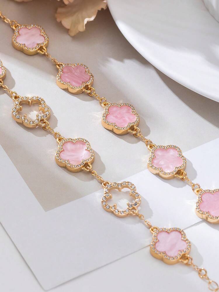 2pcs Luxury Elegant Crystal Hollow Clover Sweet Pink Clover Bracelets, Women Jewelry Gift For Valentine's Day - Pink - View 5