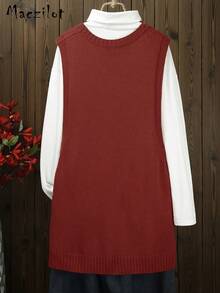 Solid Color Fashionable Streetwear Sleeveless Round Neck Vest Top With Button Design Sweater - Red - View 2