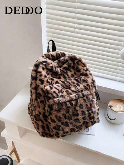 Allover Leopard Pattern Fluffy Backpack, Bag For School For College School Bag, School Backpack Large Capacity For Teen Girls Women College Students College, Middle School, High School, Outdoors, Travel, Outings, Back To School Back To School, Cute, Suitable For Teen Girls Women College Students Outdoors, Travel, Outings, Leopard Print Bag, Fall Winter Fashionable Cheetah Print Purse For Women ,University Bag