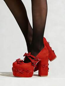 Women's Mary Janes Shoes Close Toe Bowknot Cute Buckle Strap Chunky Heeled Platform Bows Pumps Goth Y2K Shoe For Dressing Party Wearing - Đỏ - Xem 4