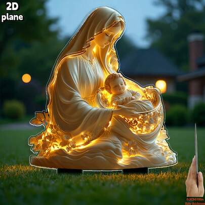 2D平面圣母玛利亚被绚丽花卉环绕的花园插牌 - 耐候亚克力植物支架，适用于室内盆栽景观、墓地、草坪和庭院 - 母亲节、葬礼纪念礼物，耐用草坪装饰，室内外装饰，为花园和花盆增添优雅气息