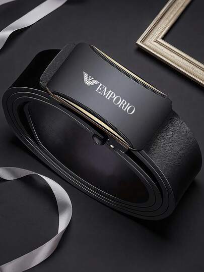 男士黑色自动扣皮带，经久耐用，适合商务和休闲日常穿着，单手即可轻松操作，标准尺寸可调节，适合搭配正装和休闲装，多功能男士时尚配饰