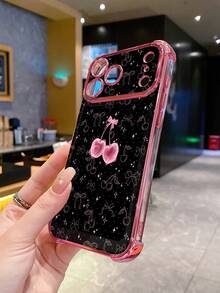 1pc Bowknot Cherry Shockproof Electroplated Camera Protective Phone Case, UV Printed Compatible With IPhone/ Compatible With Galaxy/Compatible With Infinix/Compatible With Redmi/Compatible With OPPO/Compatible With VIVO/Compatible With Realme,International Version, Not The Domestic Version - Pink - View 5