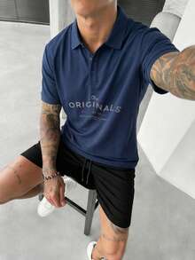 男士时尚字母印花 Polo 领短袖 T 恤，夏季款 - 藏蓝色 - 查看 1