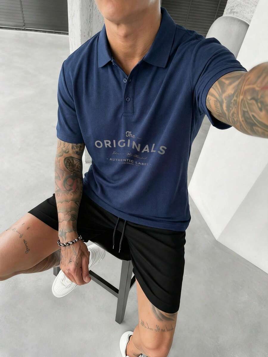 男士时尚字母印花 Polo 领短袖 T 恤，夏季款 - 藏蓝色 - 查看 1