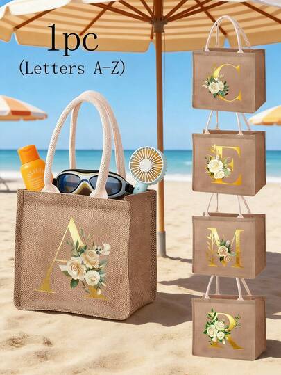 个性化字母黄麻手提袋 A-Z，花卉图案首字母麻布手提包，配有结实手柄，可重复使用，女士购物袋，大容量沙滩包，适合旅行、度假、野餐和日常使用，是生日、母亲节、情人节、圣诞节、伴娘、教师节和暑假的完美礼物