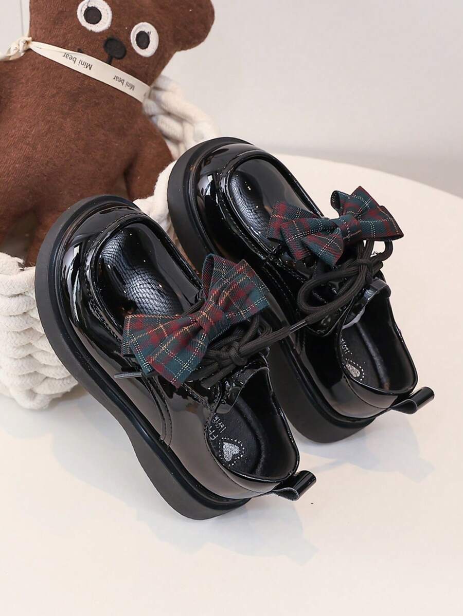 1 par de zapatos de estilo británico para niñas, nuevos zapatos de princesa con lazo a cuadros para primavera/otoño, zapatos de suela blanda para niños - Negro - Ver 1