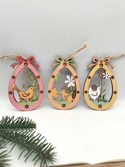 1 Stück Holz Oster Hase Ei Deko - Doppelschichtig Cut Out Hängeschild, süßes Hasen Ei Ornament geeignet für Party, Heim Dekoration, Osterstrauch, Tür, Fenster, Tisch