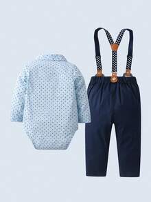 BOARNSEORL 3pcs Baby Boys Gentleman Outfit - Blue Long Sleeve Polka Dot Shirt With Bowknot, Overalls With Suspenders, And Hat, Fashionable And Dapper For Birthday Party, Wedding, Christening - Navy Blue - View 6