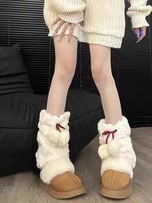 1双可爱毛球腿套，厚实蓬松的Y2K风格保暖中筒腿套，秋冬季保暖腿套 - 彩色 - 查看 1