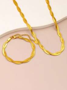 RAYQUEEN 2pcs/Set 316l Stainless Steel Snake Chain Necklace And Bracelet, Three-Color Handmade Weaving Hip-Hop Style Waterproof Jewelry Set For Women, Suitable For Daily Wear - Silver - View 16