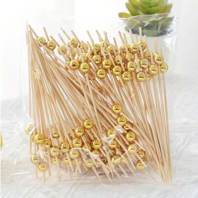 200/100/50/25/10pcs Gold Pearl Bamboo Skewers, 4.72 Inch Wooden Fruit Picks For Party, Birthday, Wedding, Club, Fruit, Cupcake, Burger, BBQ, Appetizer Decoration