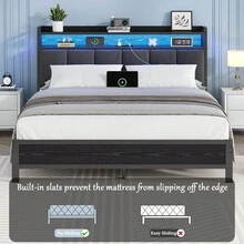 Upholstered Bed Frame With Charging Station, LED Bed Frame With Storage Headboard, Metal Platform Bed Frame With Heavy Duty Metal Slats, No Box Spring Needed, Easy Assembly, Black/ White/ Beige, Twin/ Full/ Queen/ King - 黑色 - 查看 5