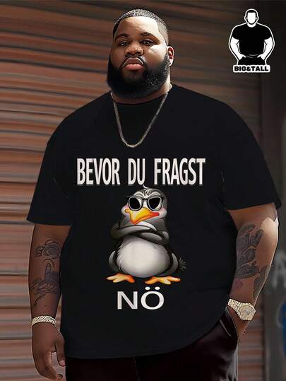 Plus Size "BEVOR DU FRAGST NÖ" Funny Penguin Graphic T-Shirt, Black Background, Street Style Casual Short Sleeve Top