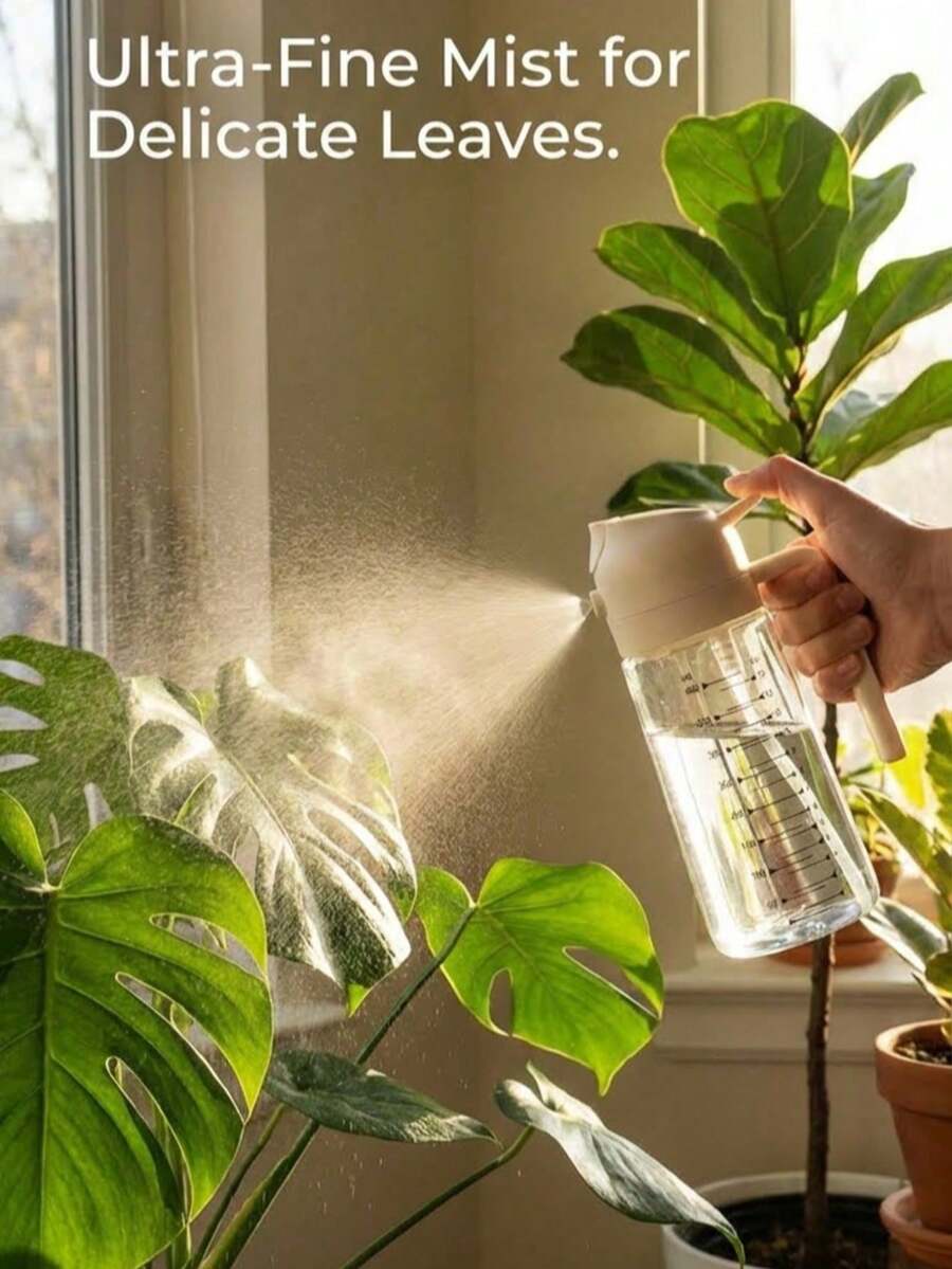 1个纳米植物喷雾瓶，适用于室内热带雨林，为热带龟背竹和蕨类植物提供超温和的保湿，简约优雅的设计与家居装饰相得益彰，符合人体工程学的单手操作扳机，专业的雾化效果促进植物健康生长。