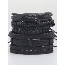 6 Pieces Of Vintage Black Woven Leather Bracelet DIY Combination Set, Unisex For Men And Women - 黑色 - 查看 2