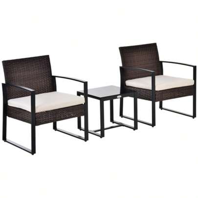 Poly Rattan Garden Set For 2 People, Balcony Furniture With Brown And Cream Cushions, Ideal For Terrace And Garden.