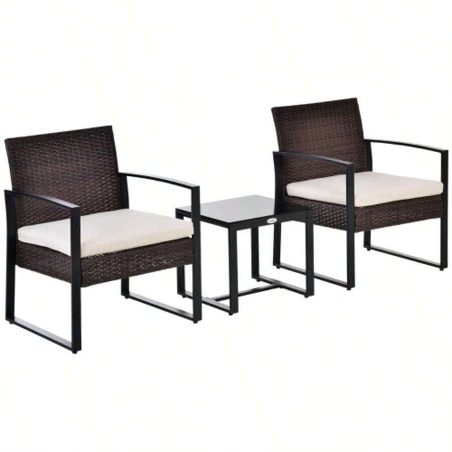 Poly Rattan Garden Set For 2 People, Balcony Furniture With Brown And Cream Cushions, Ideal For Terrace And Garden. - 紫紅色 - 查看 1