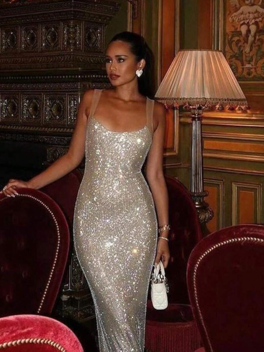 Women's European - American Style Design - Sense Sparkling Temperament Cami Dress, Fashionable, Sexy, Slim - Fit And Hip - Hugging Long Dress - 杏色 - 查看 1