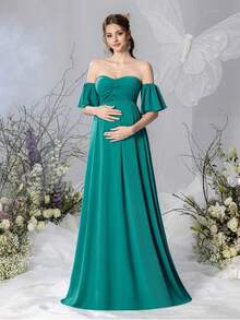Faeriesty 優雅露肩孕婦洋裝 - 寬荷葉邊袖口，適合嬰兒派對、正式晚餐和浪漫用餐 - 綠色 - 查看 4
