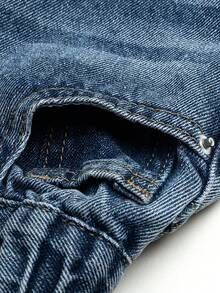 男童经典休闲阔腿中度水洗牛仔及膝短裤，松紧腰带可调节 - 中等水洗藍 - 查看 7