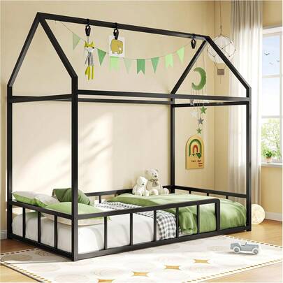 Simple Wisdom Base Cama Individual,Cama Individual, Base de Camas con Techo Triangular, Para Camas Individuals Viene con Una Barandilla de y 6 Clips, Marco Metal Puro,196*105*183CM(Negro)