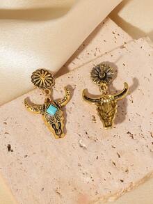1 Pair Retro Western Style Oval Textured Alloy Bull Head Earrings With Turquoise Stones, Suitable For Daily Wear - 1828 Ancient Gold - View 3