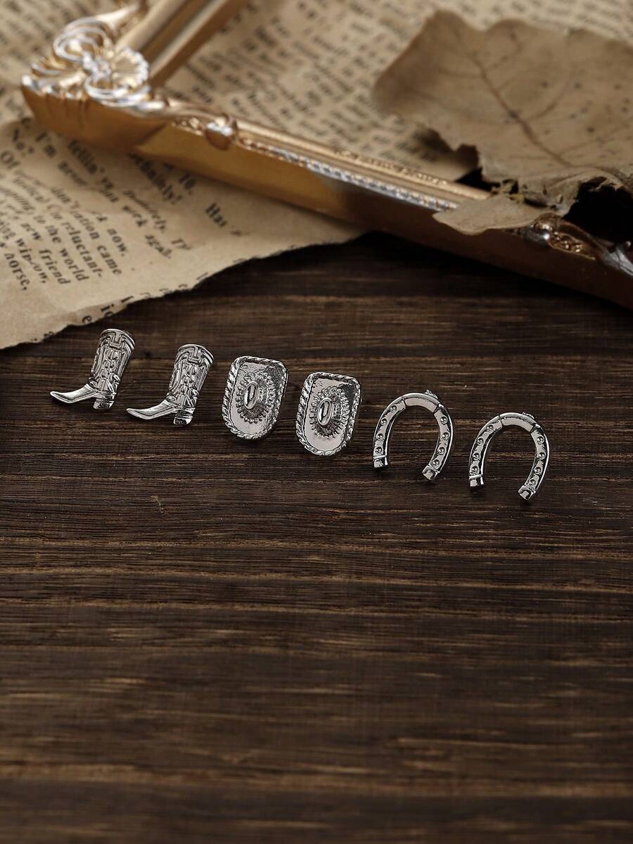 3 件套复古西部风格合金纹理牛仔帽、牛仔靴、仙人掌耳环，节日礼物及日常佩戴 - 銀色 - 查看 1