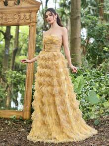 Elisanya Ruffle Bust Sweetheart Neck Layered Mesh Ruffle Hem Cocktail Dress Party - Yellow - View 4