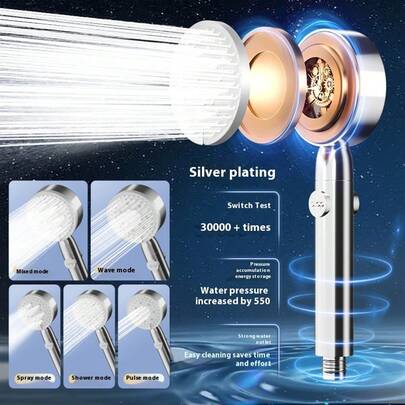 4+1 增压水流模式，液态硅胶出水口，大流量增压水流。淋浴套装，淋浴喷头，壁龛式淋浴，淋浴过滤器，雨淋式淋浴喷头，浴室淋浴管，手持式淋浴喷头