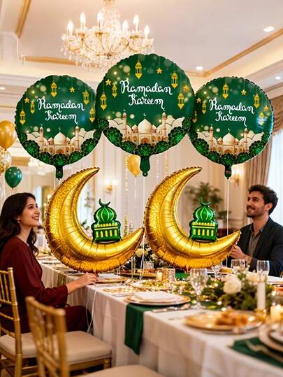 一套斋月和开斋节星月装饰气球 - 清真寺图案铝箔气球；开斋节派对场景装饰、开斋节桌面摆件、开斋节纪念品装饰、开斋节活动拍照道具、开斋节天花板装饰、开斋节氛围营造用品、开斋节墙面装饰，适用于伊斯兰节日装饰、斋月派对场景、家庭聚会背景、节日礼物