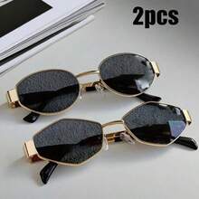 2pcs Retro Bohemian Metal Oval Diamond Shaped Fashion Glasses, High-End Streetwear Style - Gold Gray + Gold Gray - View 3