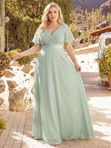大码优雅V领褶皱胸部鼠尾草绿伴娘礼服、婚礼宾客正式礼服、派对场合礼服 - 薄荷綠 - 查看 6