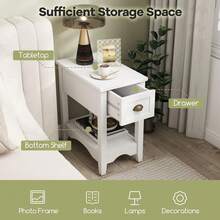 COSTWAY Chair Side End Table, Retro Side Table W/ Drawer And Open Shelf, Compact Rectangular Bedside Table Nightstand W/ Solid Wood Legs, Narrow Side Table Slim End Table For Small Space, Living Room, Bedroom, White - White - View 6