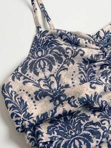 女士度假植物印花荷叶边褶皱吊带连衣裙，夏季优雅 - 藍色 - 查看 8