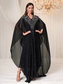 Women Modest Abayas Dress Beaded Chiffon Prom Dress Hooded Star Pattern Women Dresses Arabic Style Long Dress Festival Turkish Style Kaftan Arabian Dress - Black - View 3