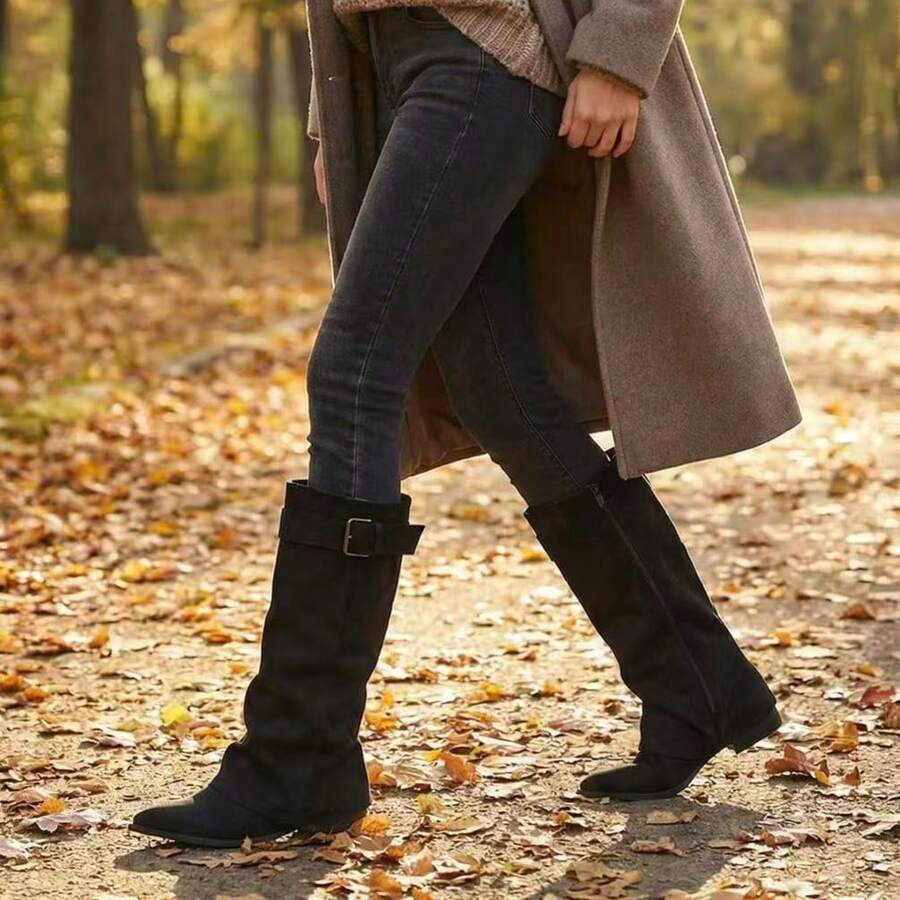 Fashionable Versatile Western Style Chunky Heel Ankle Boots - Hitam - View 1
