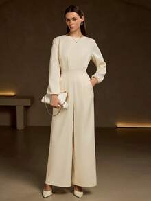 Sophisticated Long Woven Fabric Jumpsuit For Women Round Neck Long Sleeve With Zipper Detail Spring - Light Apricot - View 3