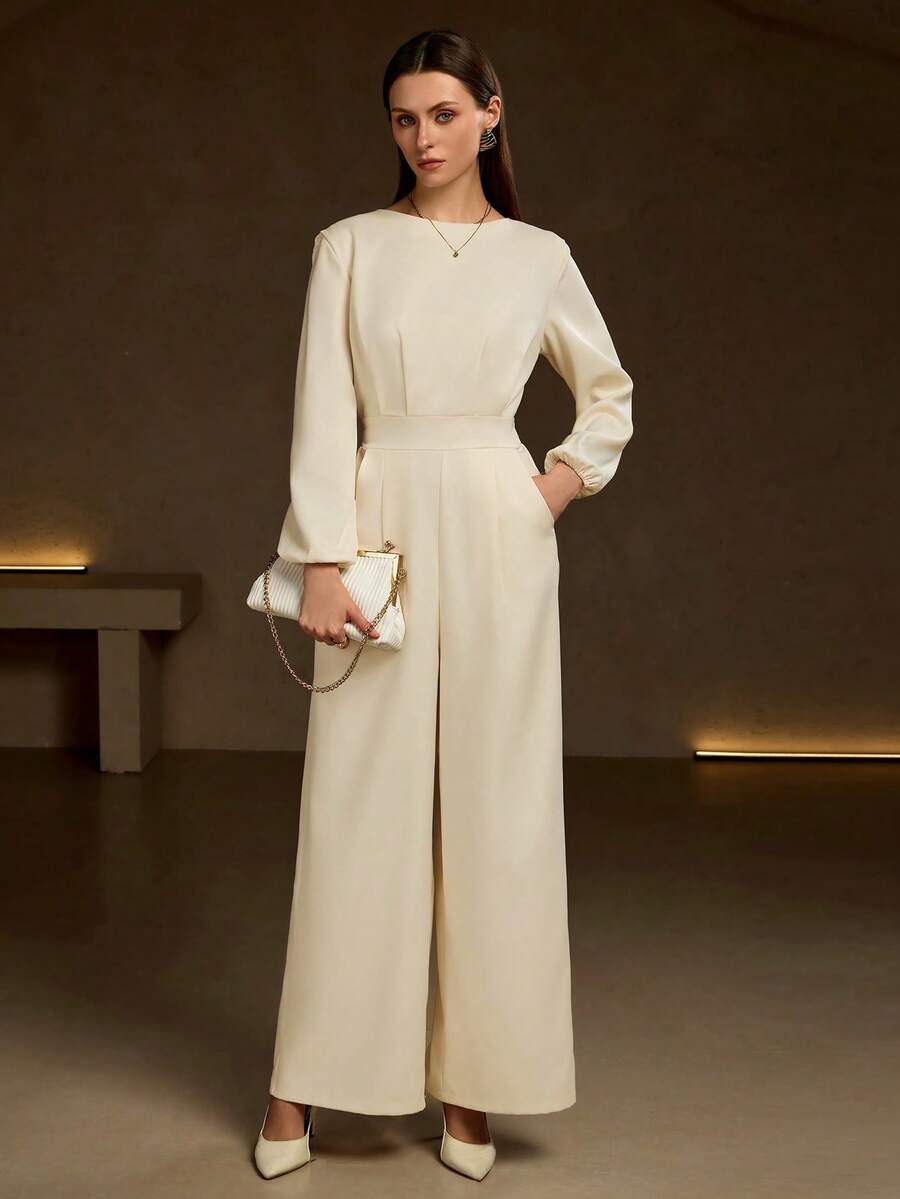 女士精致长款梭织面料连体裤，圆领长袖，带拉链细节，春季款 - 淺杏色 - 查看 1