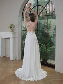 YOUKEFEIER Đầm cưới thanh lịch cổ yếm phối ren dành cho nữ, thích hợp cho đám cưới, tiệc chiêu đãi, liên hoan. - Màu be - Xem 10