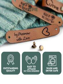 定制编织皮革标签 - 个性化仿皮标签，带铆钉，可印制姓名和心形/花卉图案，多种颜色可选，适用于针织、手工或钩编作品，可用于制作毛线帽、母亲节礼物、父亲节礼物、朋友礼物、手工艺品、装饰吊牌、铆钉固定标签、手工配件、创意用品。 - 多色 - 查看 4