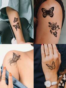 Tatuajes temporales con diseño de mariposas 3D, variados diseños de mariposas y flores, aptos para muñeca, tobillo, hombro, cuello, clavícula, pegatinas de tatuaje realistas impermeables, DIY para carnaval, San Valentín, regalos de fiesta - Multicolor - Ver 4
