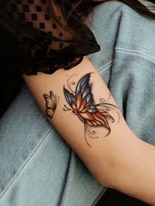 Tatuajes temporales con diseño de mariposas 3D, variados diseños de mariposas y flores, aptos para muñeca, tobillo, hombro, cuello, clavícula, pegatinas de tatuaje realistas impermeables, DIY para carnaval, San Valentín, regalos de fiesta - Multicolor - Ver 7